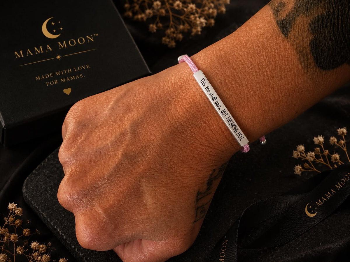 Mama Moon This Too Shall Pass engraved bracelet with pink cord and silver-tone bar